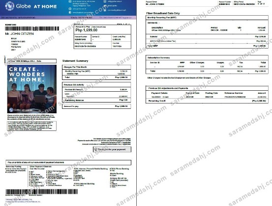 Philippines Globe myBusiness utility bill template in Word and PDF formats, 2 pages, version 2